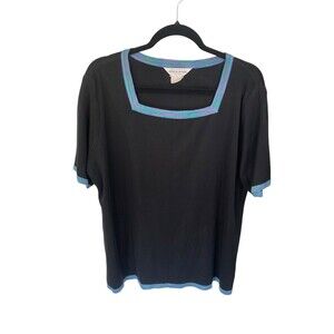 Exclusively Misook Short Sleeve‎ Acrylic Blouse Size 1X Black Blue Trim